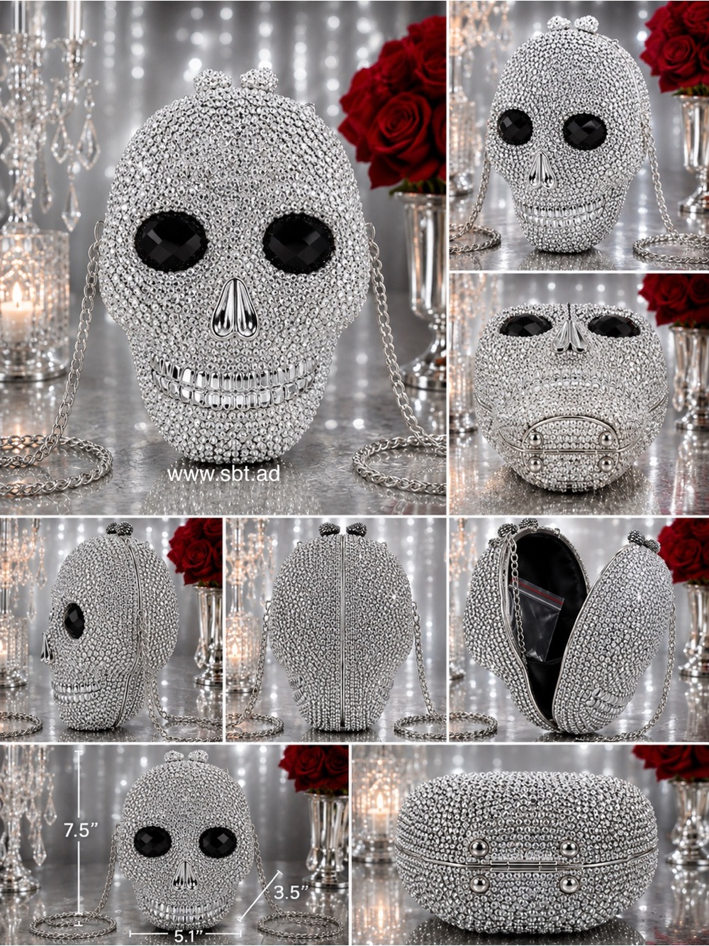 NWT Skull Clutch Purse Sparkling Bling Swarovski Crystal Rhinestone Black +Gift - Picture 5 of 15